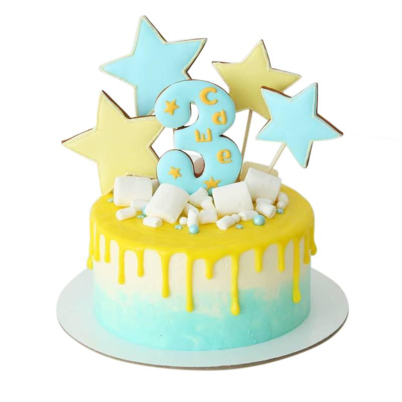 Торт 3 годика со звездами в глазури и маршмеллоу