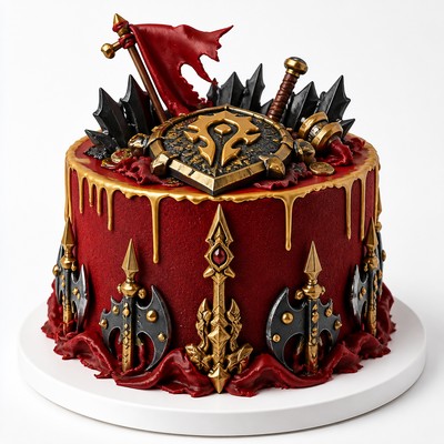Красный торт World of Warcraft со знамёнами и мечами