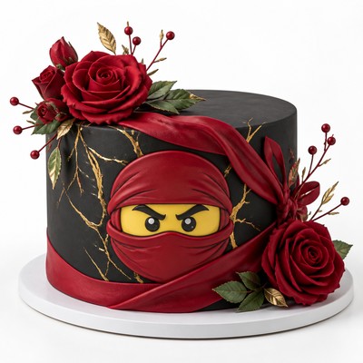 Детский торт LEGO Ninjago с розами и лентой