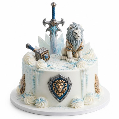 Белый торт World of Warcraft с ледяным мечом и львом
