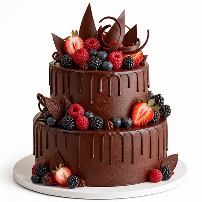 Двухъярусный торт шоколадный ягодами с шоколадным декором