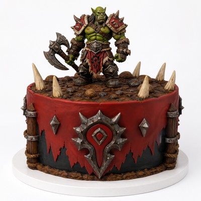 Торт World of Warcraft с фигуркой орка и символом Орды