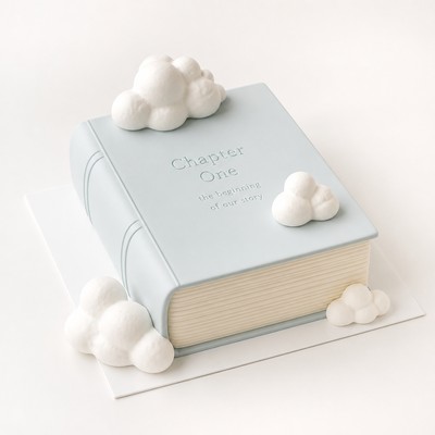 Лаконичный торт форме книги женщине с воздушными облаками