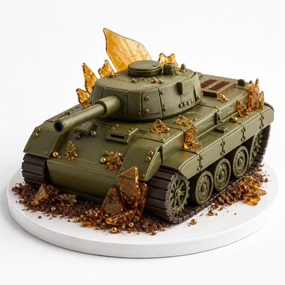 Нежный торт танк мастики с карамельным декором для именинника