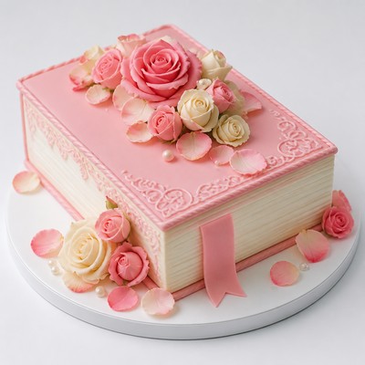 Праздничный детский торт форме книги женщине с лепестками роз