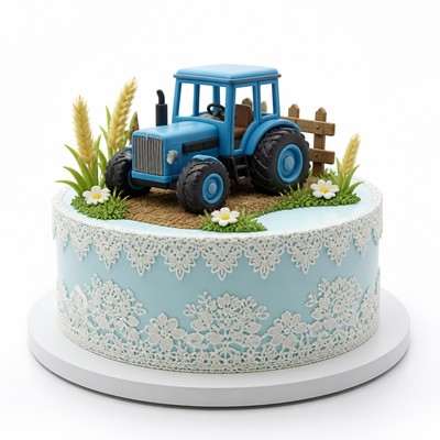 Праздничный детский торт tractor style с нежным кружевом