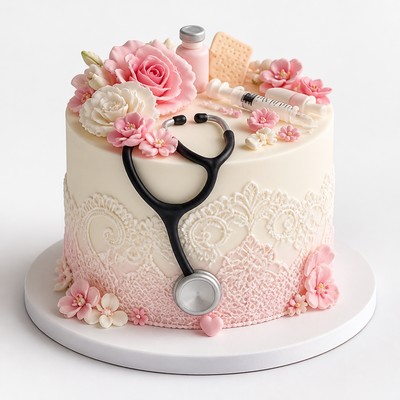 Праздничный детский торт женщине врачу с нежным кружевом