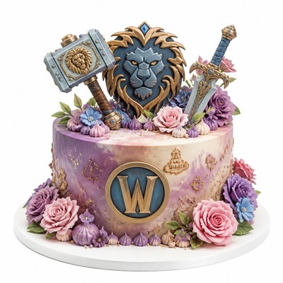 Пастельный торт World of Warcraft с розами и молотом