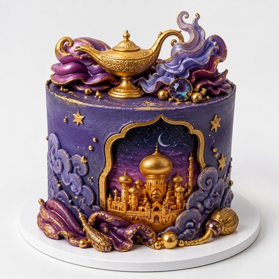 Романтичный торт стиле aladdin обходятся волшебства джина с ярким декором на праздник