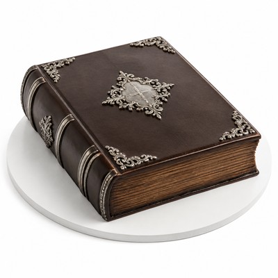 Шоколадный торт форме книги мужчины с серебряным декором