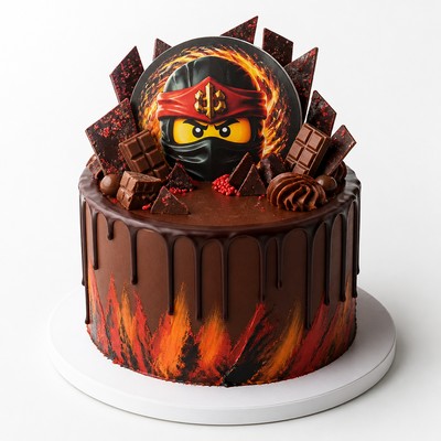 Детский торт LEGO Ninjago в шоколадном оформлении с индивидуальным оформлением