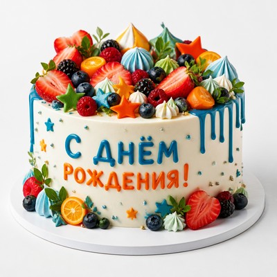 Детский торт с фруктами и ягодами для мальчика с праздничной надписью