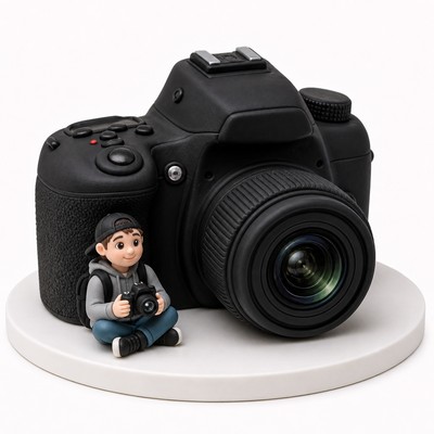 Торт в виде фотоаппарата с тематической фигуркой