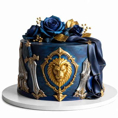 Синий торт World of Warcraft с драпировкой и розами