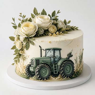 Стильный торт tractor style с кремовыми цветами для семьи