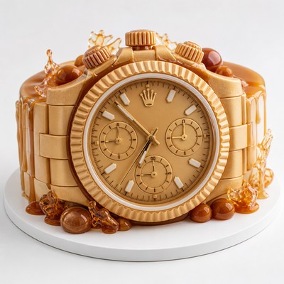 Торт в виде часов Rolex с карамельным декором