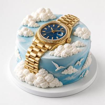 Торт в виде часов Rolex с воздушными облаками