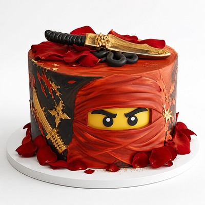 Детский торт LEGO Ninjago с лепестками роз для праздничного стола
