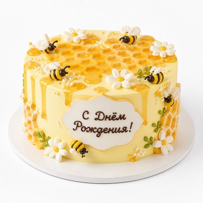 Торт пчелами для именинника с праздничной надписью