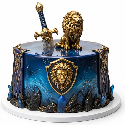 Синий зеркальный торт World of Warcraft с мечом и золотым львом