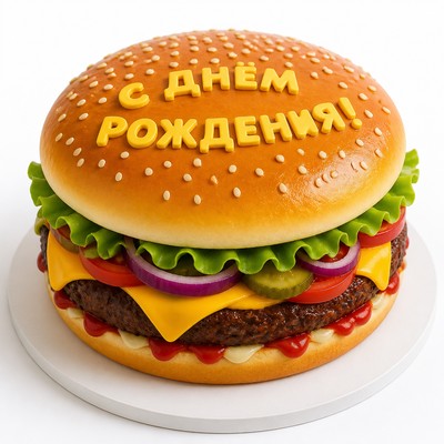 Торт с праздничной надписью виде гамбургера подарит аппетитный букет вкусов