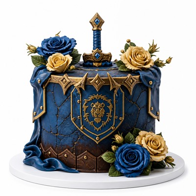 Синий торт World of Warcraft с розами, мечом и щитом Альянса