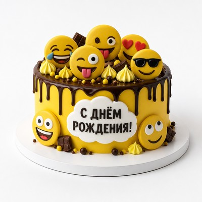 Торт со смайликами из мультфильма Эмоджи с праздничной надписью