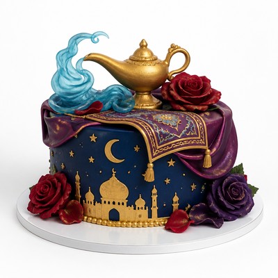 Торт стиле aladdin обходятся волшебства джина для торжества с розами и лентой