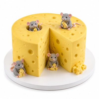 Торт в виде сыра с мышками с сахарными фигурками