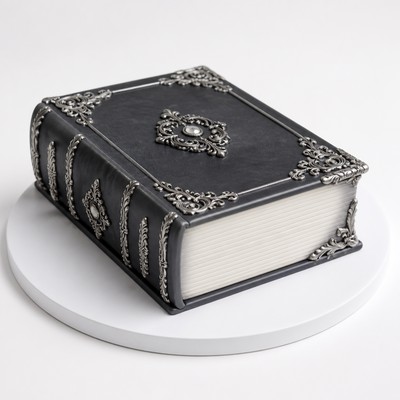 Детский торт в виде книги с серебряными элементами