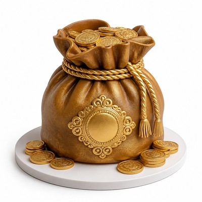Торт виде мешка деньгами с золотым декором