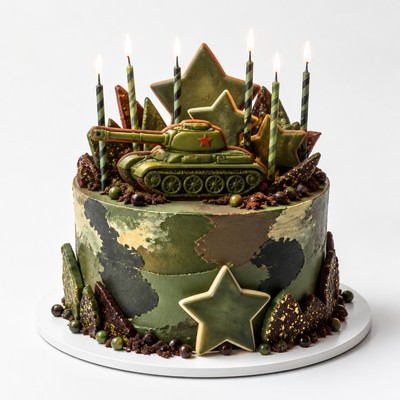 Торт военный мальчика сладкий вкус побед знакомый для именинника с праздничными свечами