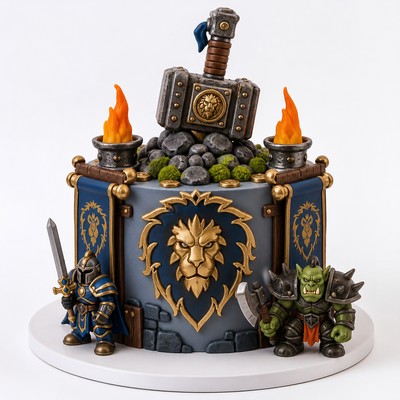 Торт World of Warcraft с молотом, огнём и фигурками героев