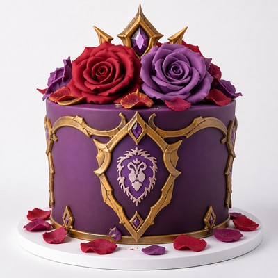 Фиолетовый торт World of Warcraft с розами и золотым щитом