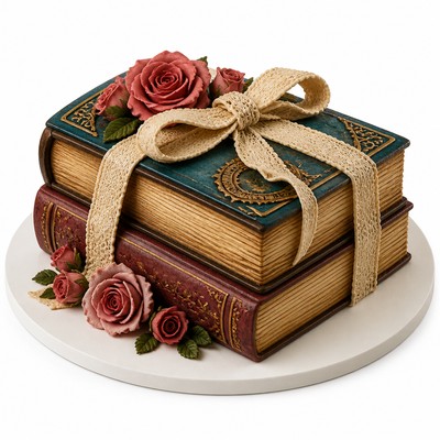 Яркий торт книги с розами и лентой с ручной работой