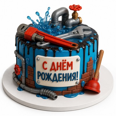 Яркий торт тему сантехника с праздничной надписью