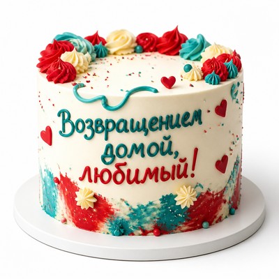 Яркий торт возвращением домой любимый с праздничной надписью