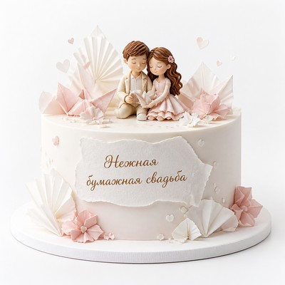 Торт нежный бумажная свадьба в кондитерском исполнении с фигурками и надписью