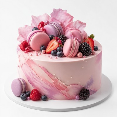 Торт нежный из мастики на 14 лет девочке с macarons и ягодным топпингом