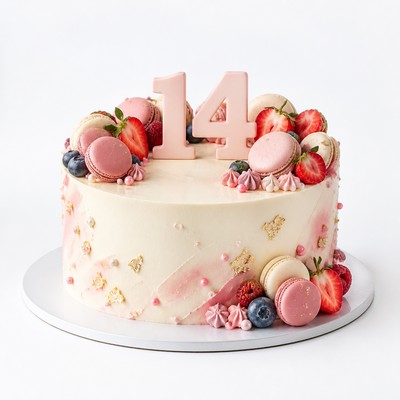 Торт нежный кремовый торт на 14 лет девочке с macarons и ягодным топпингом
