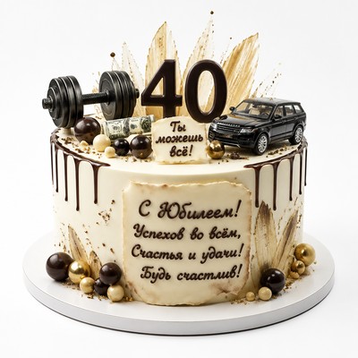 Торт нежный на юбилей мужчине 40 лет с фигурками и надписью