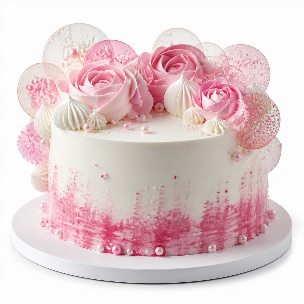 Торт с сердечками, макаронами и розовым декором
