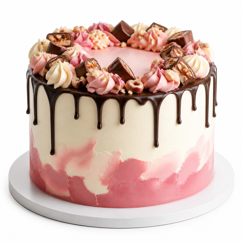 Торт с розовым акварельным декором, орехами и Snickers-декором
