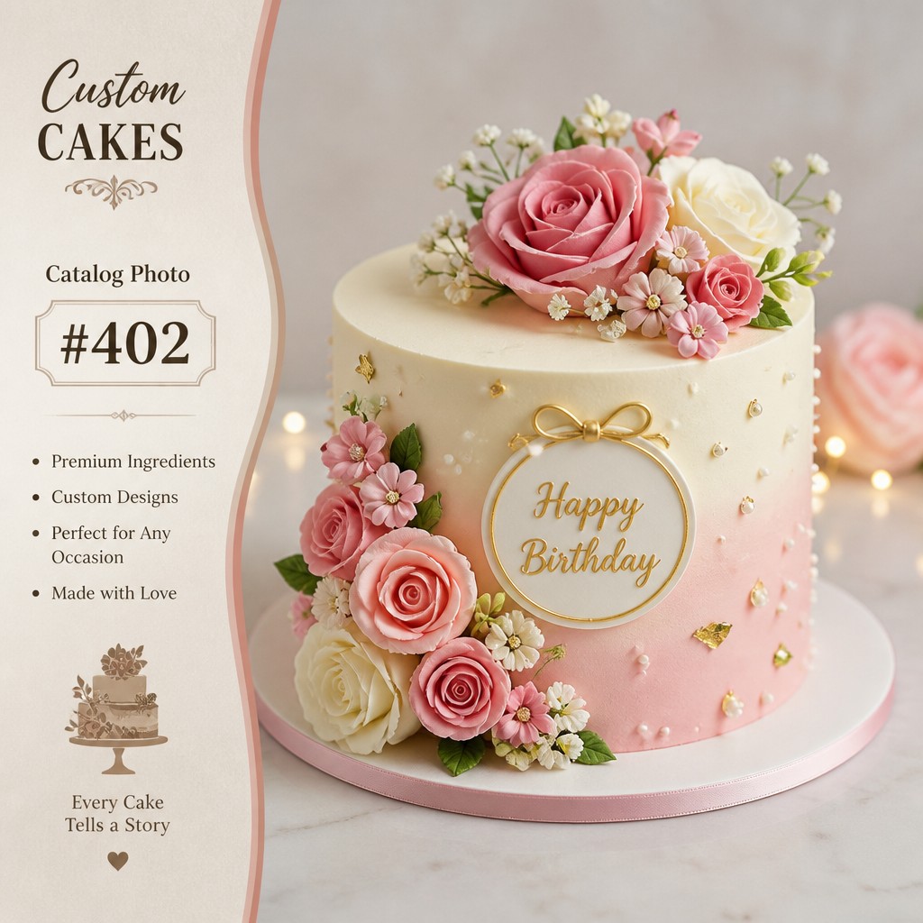 Торт с омбре, сахарными цветами и плашкой Happy Birthday