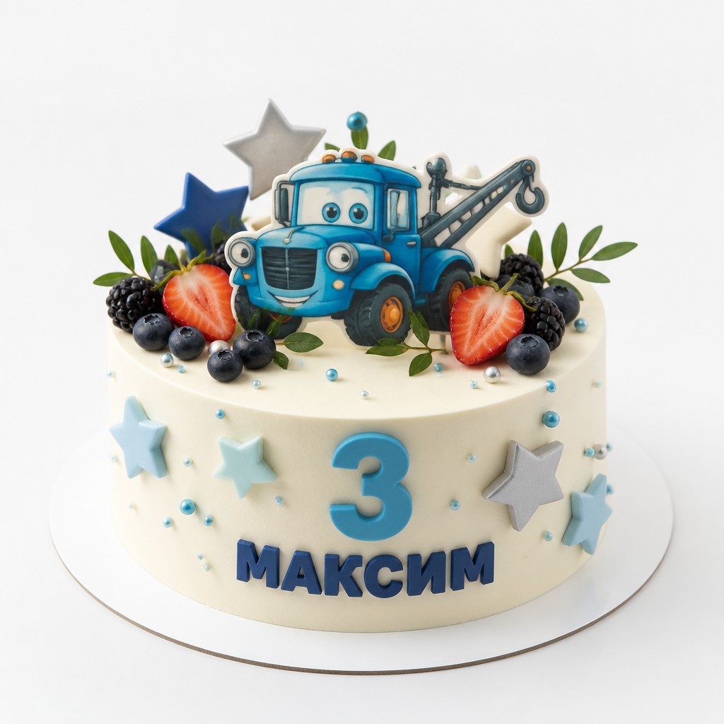 Белый торт с синим эвакуатором, ягодами и звёздами для мальчика