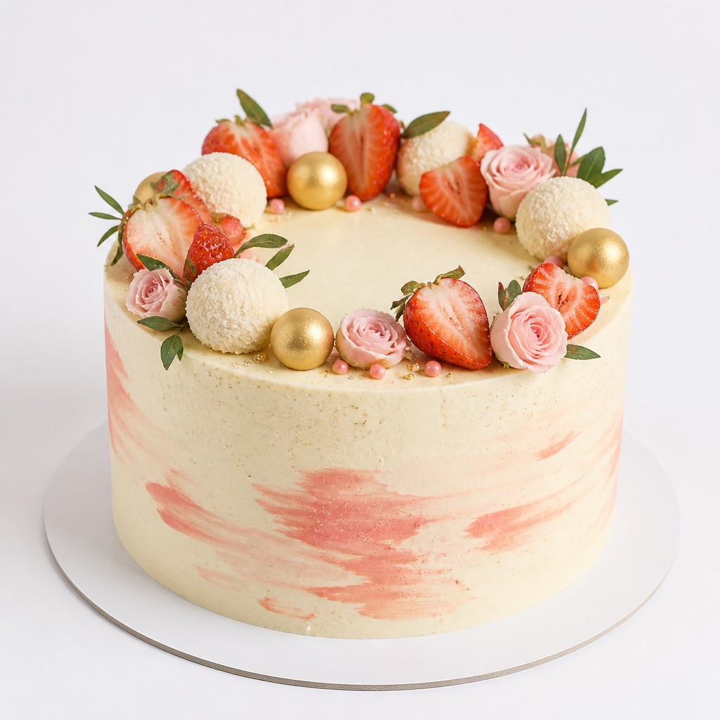 Кремовый торт с клубникой, розами и Raffaello