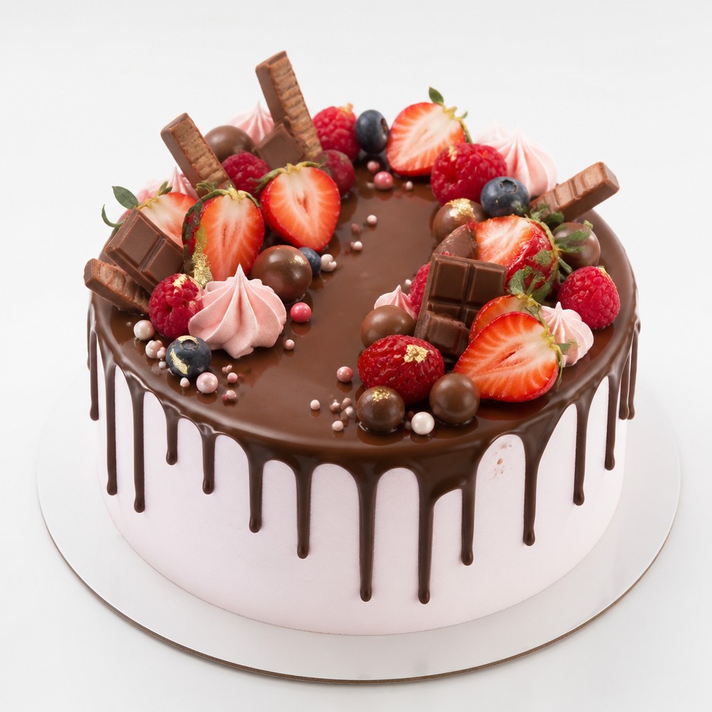 Розовый торт с шоколадным drip и ягодами с KitKat