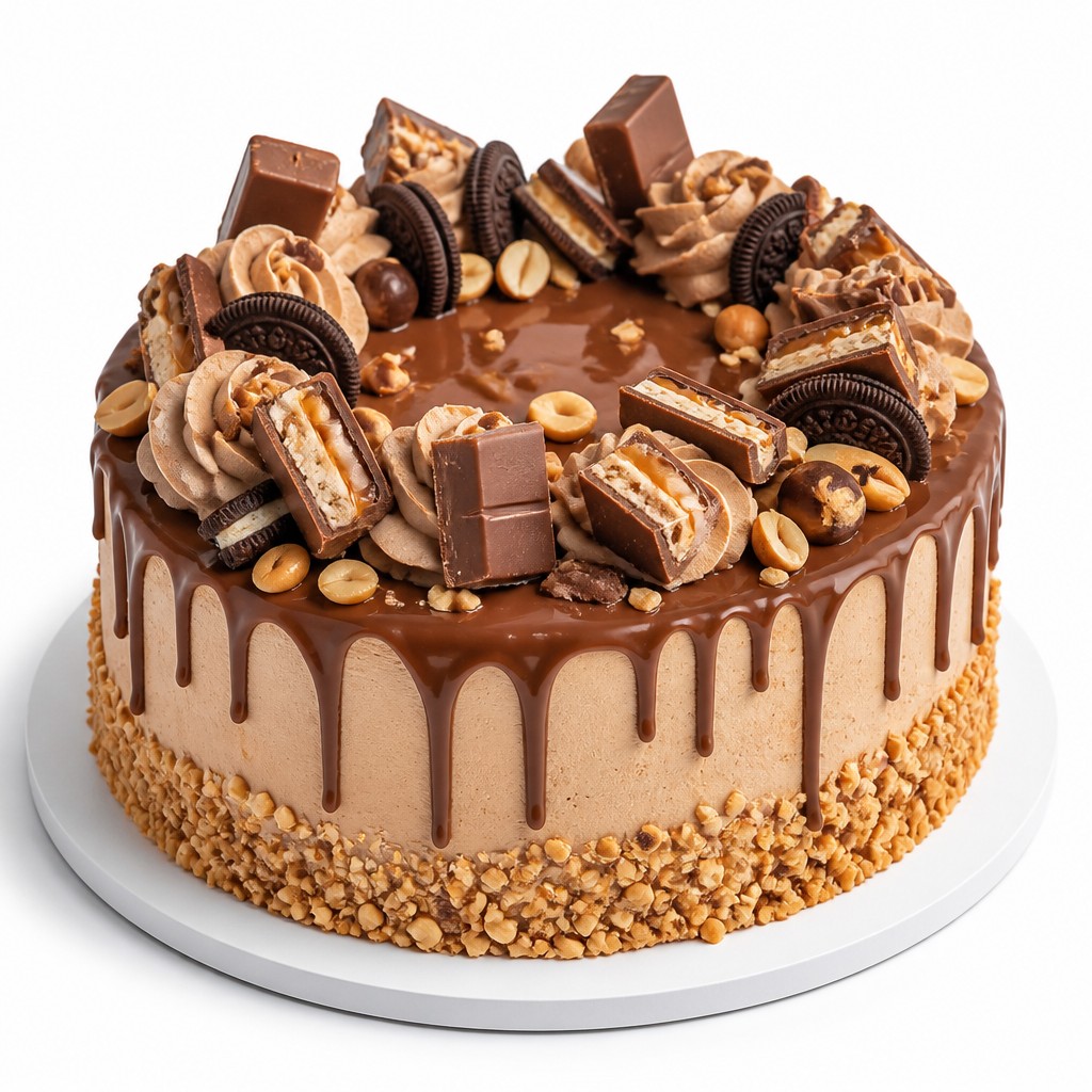 Торт с орехами, печеньем и Snickers-декором