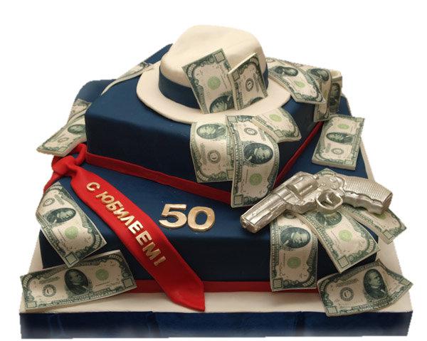 Торт на 50 лет с деньгами шляпой и револьвером