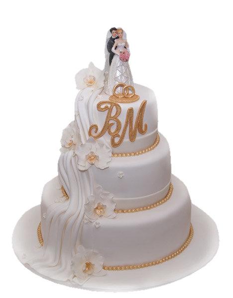 Торт жених и невеста с кольцами в золоте